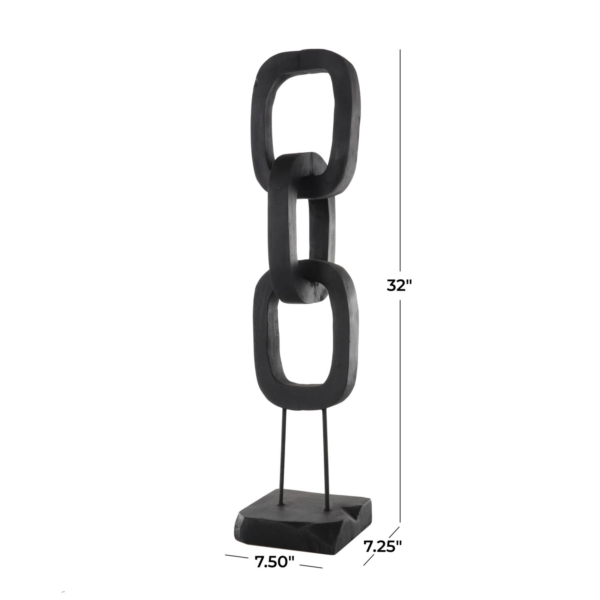 32" Black Teak Wood 3-Link Chain Sculpture with Stand